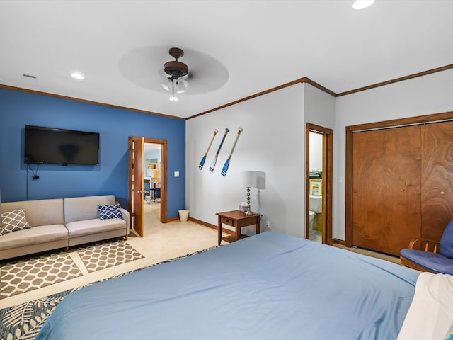 389 Lakeview Dr, Somerset, KY 42503 - carpeted bedroom featuring ornamental molding, recessed lighting, baseboards, a ceiling fan, and a closet
