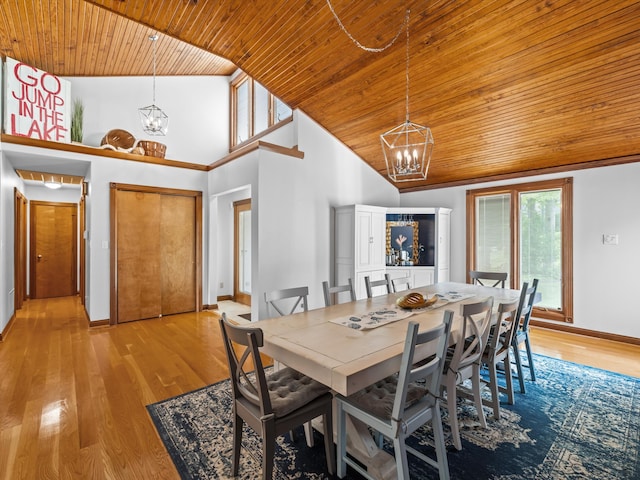 389 Lakeview Dr, Somerset, KY 42503 - dining space featuring a chandelier, wooden ceiling, high vaulted ceiling, baseboards, and light wood-style floors