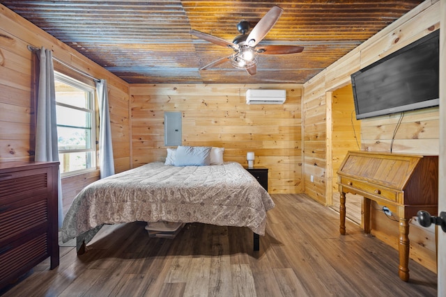 3402 Roundtop Rd, Strunk, KY 42649 - bedroom with wooden ceiling, an AC wall unit, wood walls, wood finished floors, and electric panel