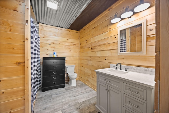 3402 Roundtop Rd, Strunk, KY 42649 - bathroom featuring toilet, vanity, wood walls, and wood finished floors