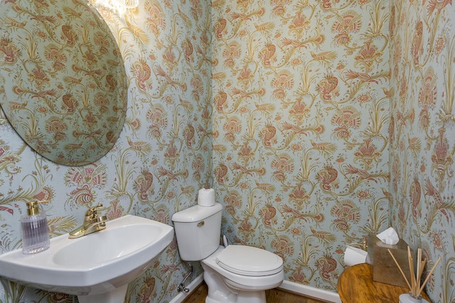 3513 Doral Pl, Lexington, KY 40509 - half bath featuring wallpapered walls, a sink, toilet, and baseboards
