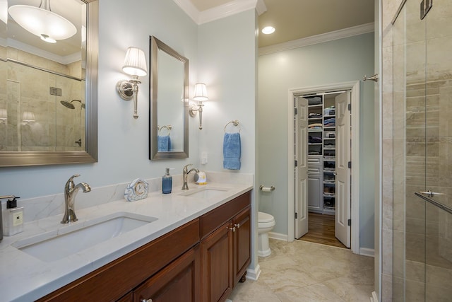 3513 Doral Pl, Lexington, KY 40509 - bathroom with ornamental molding, toilet, a spacious closet, a stall shower, and double vanity