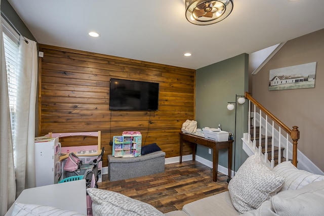701 Sprucewood Dr, Lexington, KY 40514 - living area with recessed lighting, wood finished floors, stairs, baseboards, and wood walls
