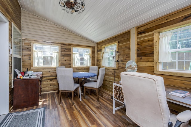701 Sprucewood Dr, Lexington, KY 40514 - dining space with vaulted ceiling, plenty of natural light, wooden walls, hardwood / wood-style flooring, and wooden ceiling