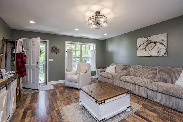 701 Sprucewood Dr, Lexington, KY 40514 - living room with dark wood-style floors, recessed lighting, baseboards, and a chandelier