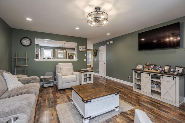 701 Sprucewood Dr, Lexington, KY 40514 - living room featuring dark wood-type flooring, recessed lighting, baseboards, and a chandelier