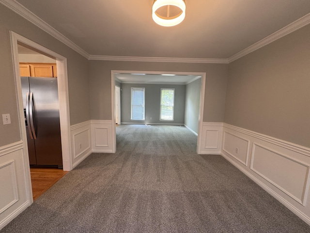 3017 Polo Club Blvd, Lexington, KY 40509 - hallway with crown molding, carpet flooring, a wainscoted wall, and a decorative wall