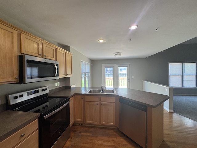 3017 Polo Club Blvd, Lexington, KY 40509 - kitchen featuring stainless steel appliances, a sink, a peninsula, dark wood-type flooring, and dark countertops