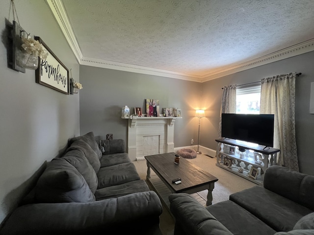 104 Steele St, Corbin, KY 40701 - carpeted living room with crown molding, a textured ceiling, a tile fireplace, and baseboards
