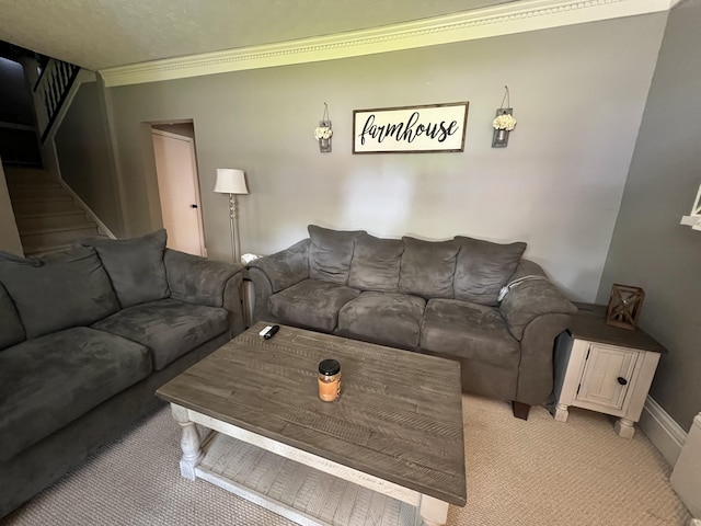 104 Steele St, Corbin, KY 40701 - living area featuring light carpet, crown molding, stairs, and baseboards