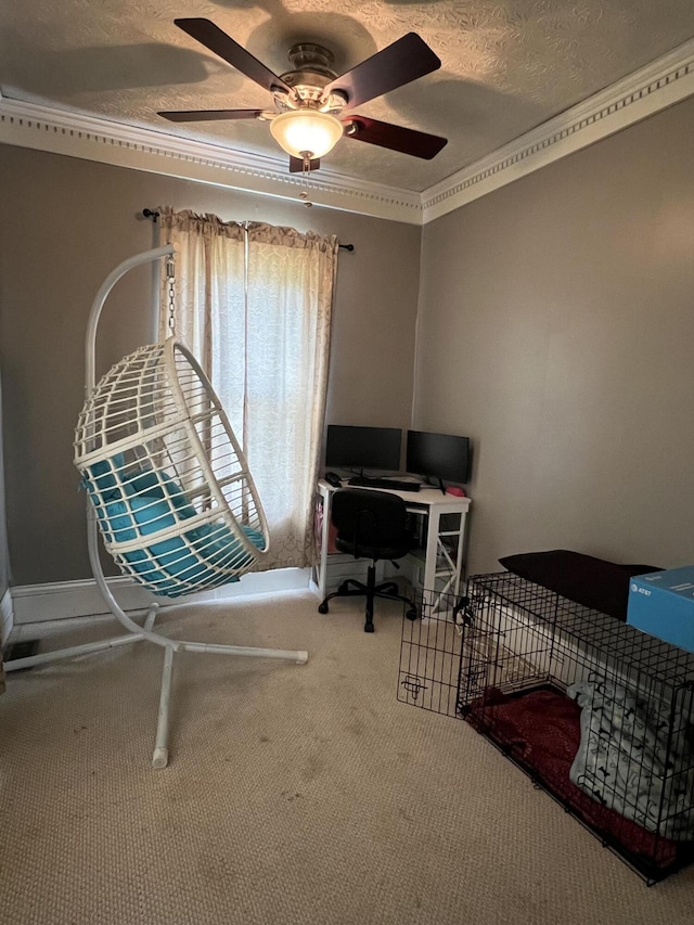 104 Steele St, Corbin, KY 40701 - carpeted home office featuring ceiling fan, a textured ceiling, ornamental molding, and baseboards