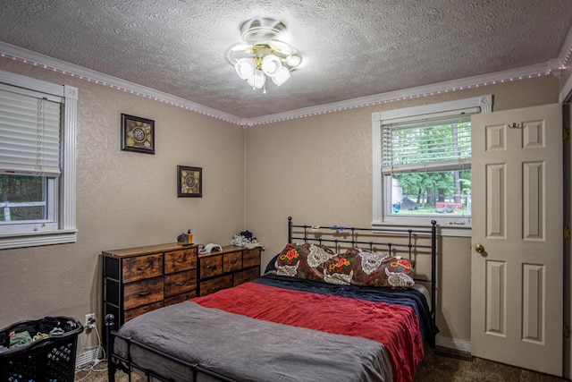 1540 Stoney Fork Rd, Corbin, KY 40701 - bedroom with a textured ceiling, ornamental molding, a textured wall, carpet, and baseboards