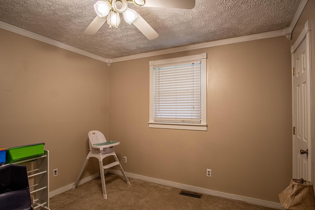 1540 Stoney Fork Rd, Corbin, KY 40701 - office area featuring ceiling fan, carpet floors, a textured ceiling, baseboards, and crown molding