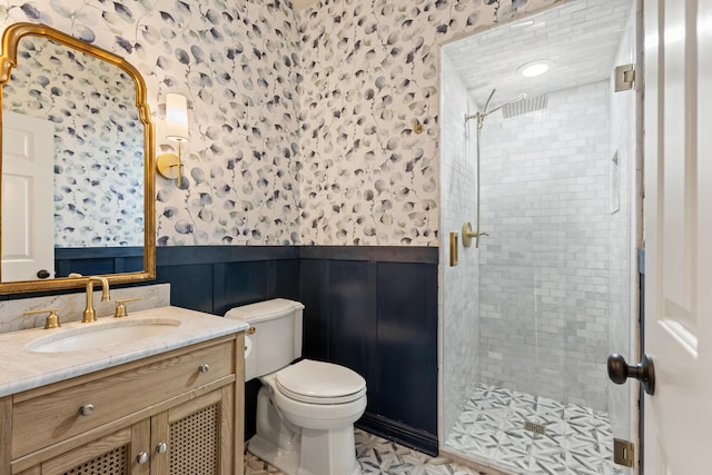 2128 Leafland Pl, Lexington, KY 40515 - full bath featuring wallpapered walls, a wainscoted wall, a stall shower, vanity, and toilet