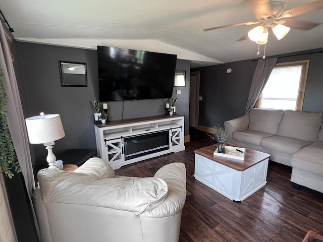 58 William Ct, Nancy, KY 42544 - living area with vaulted ceiling, a ceiling fan, dark wood-style floors, and baseboards