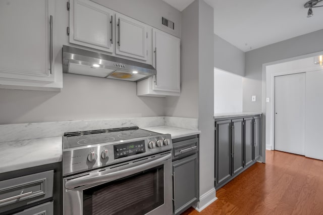 2121 Nicholasville Rd Unit 910, Lexington, KY 40503 - kitchen featuring electric stove, under cabinet range hood, wood finished floors, gray cabinetry, and light stone countertops