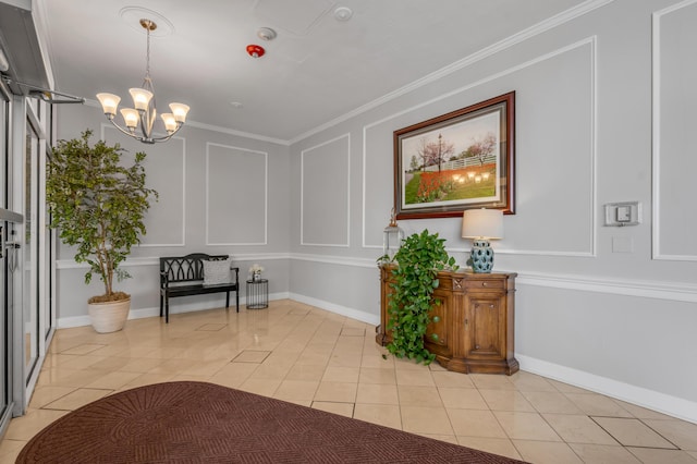 2121 Nicholasville Rd Unit 910, Lexington, KY 40503 - living area featuring a chandelier, light tile patterned floors, crown molding, a decorative wall, and baseboards