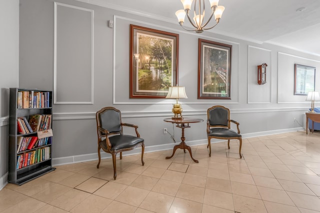 2121 Nicholasville Rd Unit 910, Lexington, KY 40503 - sitting room with healthy amount of natural light, ornamental molding, a chandelier, a decorative wall, and light tile patterned flooring