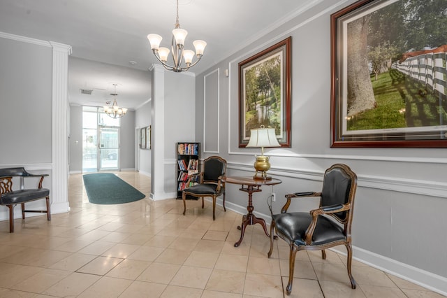2121 Nicholasville Rd Unit 910, Lexington, KY 40503 - sitting room with a chandelier, a decorative wall, crown molding, light tile patterned floors, and baseboards