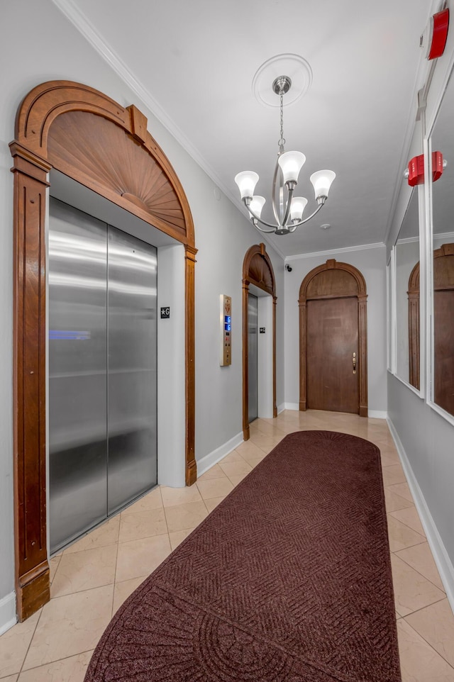 2121 Nicholasville Rd Unit 910, Lexington, KY 40503 - entrance foyer featuring elevator, light tile patterned floors, a chandelier, crown molding, and baseboards