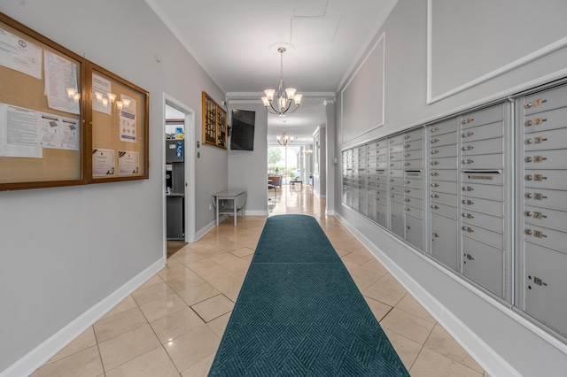 2121 Nicholasville Rd Unit 910, Lexington, KY 40503 - hallway with crown molding, a chandelier, mail area, light tile patterned floors, and baseboards