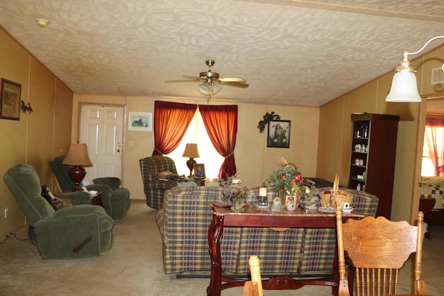 164 Oxbow Rd, Carlisle, KY 40311 - living room with a ceiling fan, carpet, a textured ceiling, and vaulted ceiling