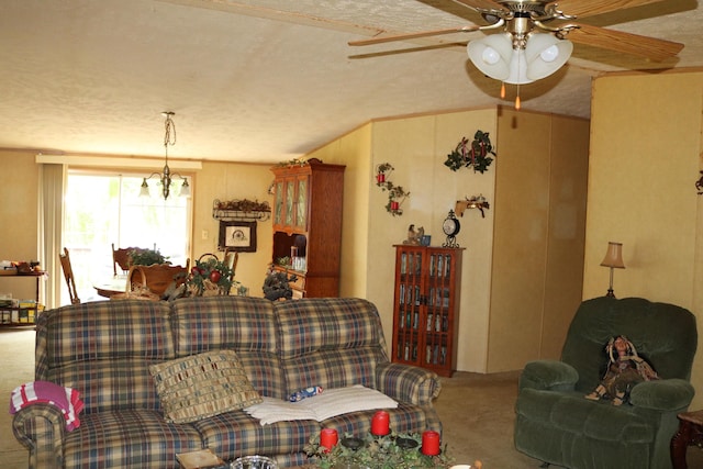 164 Oxbow Rd, Carlisle, KY 40311 - carpeted living room featuring ceiling fan, a chandelier, and a textured ceiling