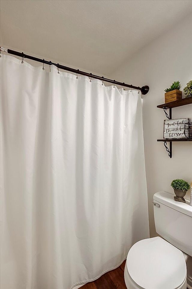 105 Geneva Ct, Nicholasville, KY 40356 - bathroom featuring toilet, wood finished floors, and curtained shower