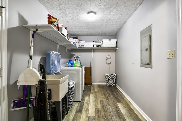 400 Aspen Dr, Lawrenceburg, KY 40342 - washroom with electric panel, washing machine and clothes dryer, wood finished floors, and a textured ceiling