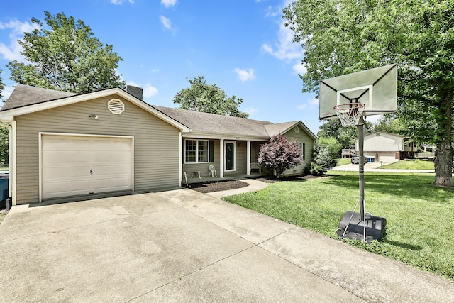 400 Aspen Dr, Lawrenceburg, KY 40342 - ranch-style house featuring driveway, an attached garage, a front lawn, a chimney, and a shingled roof