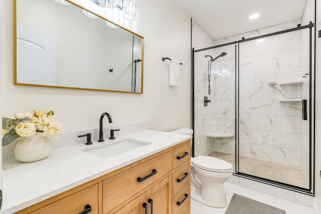 109 Palumbo Pl, Georgetown, KY 40324 - bathroom with toilet, a marble finish shower, vanity, marble look tile flooring, and recessed lighting