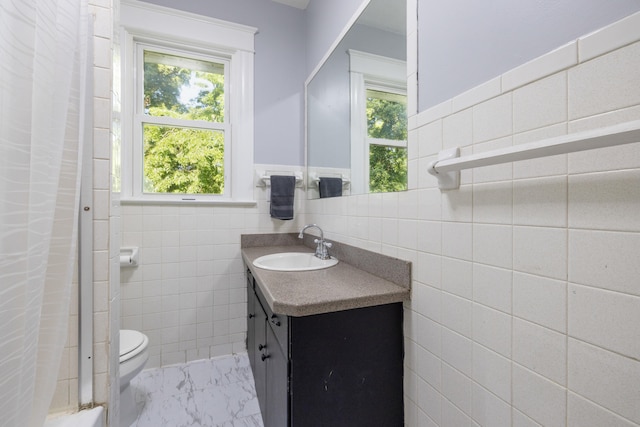 611 Old Shakertown Rd, Danville, KY 40422 - bathroom with tile walls, vanity, toilet, a shower with curtain, and marble finish floors