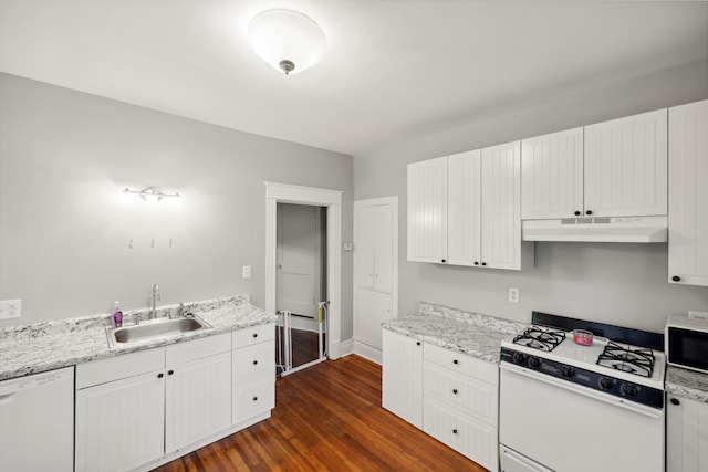 611 Old Shakertown Rd, Danville, KY 40422 - kitchen featuring white appliances, a sink, under cabinet range hood, dark wood-style floors, and white cabinets