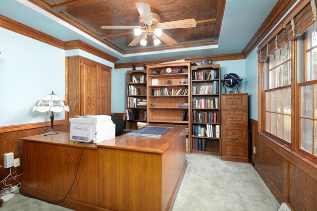202 Thoroughbred Ln, Nicholasville, KY 40356 - office space with a wainscoted wall, light carpet, ceiling fan, wood walls, and ornamental molding