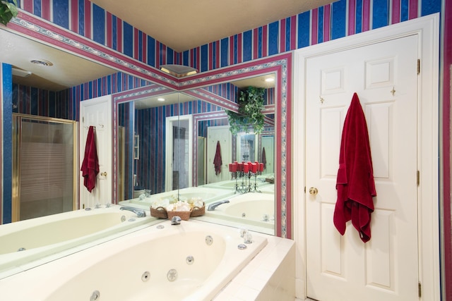 202 Thoroughbred Ln, Nicholasville, KY 40356 - full bathroom featuring wallpapered walls, a whirlpool tub, and a stall shower