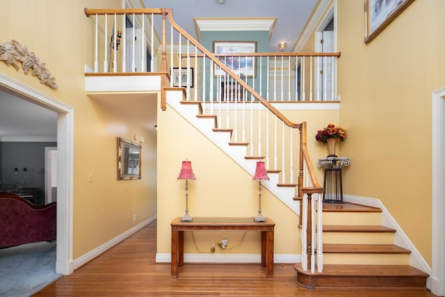 202 Thoroughbred Ln, Nicholasville, KY 40356 - stairs featuring wood finished floors, ornamental molding, baseboards, and a high ceiling