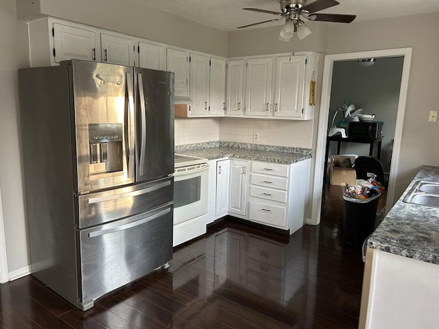 522 Countryside Cir, Mount Vernon, KY 40456 - kitchen featuring stainless steel fridge with ice dispenser, white electric stove, ceiling fan, white cabinetry, and tasteful backsplash