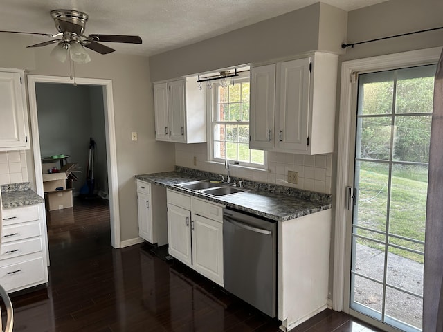 522 Countryside Cir, Mount Vernon, KY 40456 - kitchen featuring dishwasher, a sink, ceiling fan, white cabinets, and dark wood finished floors