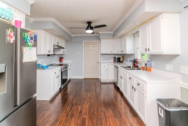 50 Barnett St, Hustonville, KY 40437 - kitchen with appliances with stainless steel finishes, a ceiling fan, crown molding, dark wood finished floors, and white cabinetry