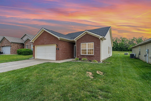110 Seth Way, Georgetown, KY 40324 - ranch-style home featuring brick siding, a garage, concrete driveway, central AC unit, and a front yard