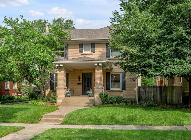 406 Dudley Rd, Lexington, KY 40502 - view of front of property featuring brick siding, a porch, a shingled roof, and a chimney
