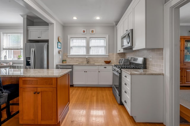 406 Dudley Rd, Lexington, KY 40502 - kitchen featuring stainless steel appliances, a sink, ornamental molding, decorative backsplash, and plenty of natural light