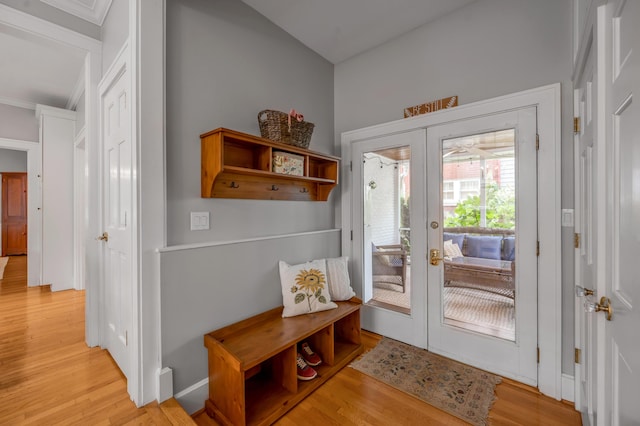 406 Dudley Rd, Lexington, KY 40502 - mudroom with french doors, light wood-style floors, crown molding, and baseboards