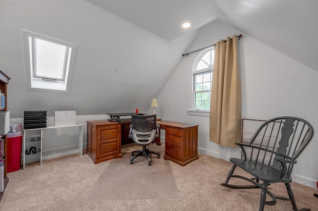 406 Dudley Rd, Lexington, KY 40502 - home office featuring vaulted ceiling, light colored carpet, a skylight, and baseboards