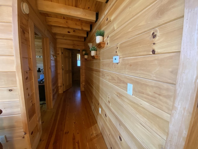 431 Harold Luke Rd, Campton, KY 41301 - hall with wooden walls, hardwood / wood-style floors, and wood ceiling with exposed beams