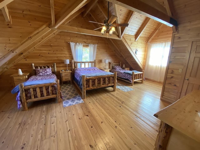 431 Harold Luke Rd, Campton, KY 41301 - bedroom featuring wood ceiling, hardwood / wood-style floors, wooden walls, and ceiling fan