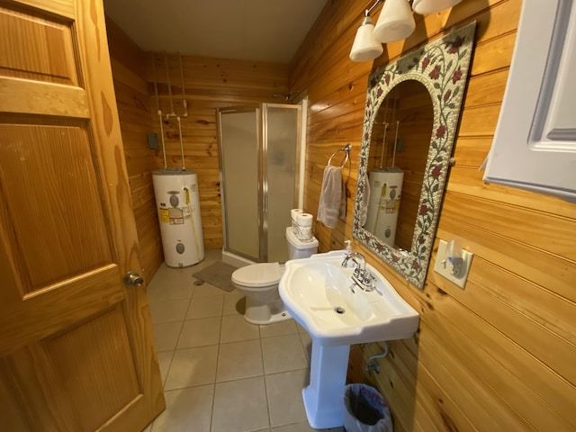 431 Harold Luke Rd, Campton, KY 41301 - bathroom with water heater, wooden walls, tile patterned flooring, toilet, and a shower stall