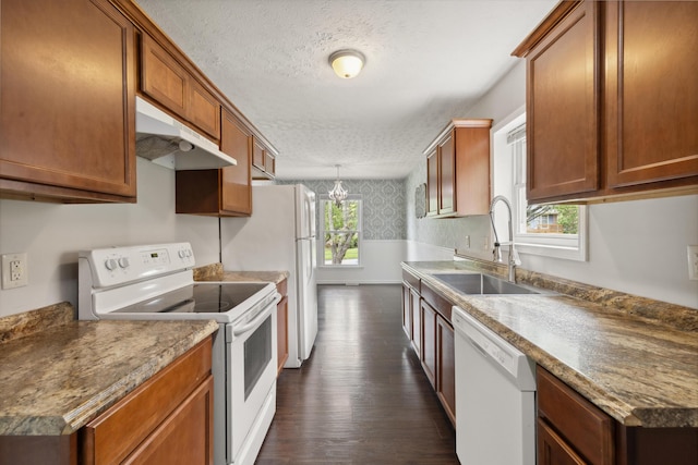 966 Jairus Dr, Lexington, KY 40515 - kitchen featuring white appliances, under cabinet range hood, a sink, dark wood finished floors, and a textured ceiling