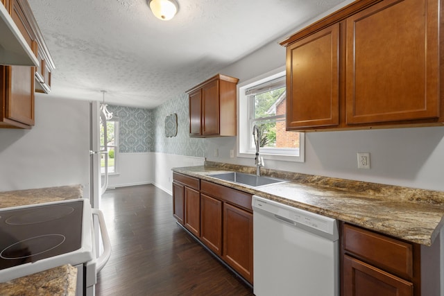 966 Jairus Dr, Lexington, KY 40515 - kitchen with white appliances, a sink, wallpapered walls, a wainscoted wall, and healthy amount of natural light