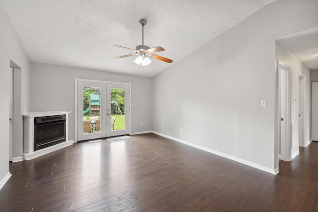 966 Jairus Dr, Lexington, KY 40515 - unfurnished living room with vaulted ceiling, ceiling fan, dark wood-style floors, a textured ceiling, and baseboards